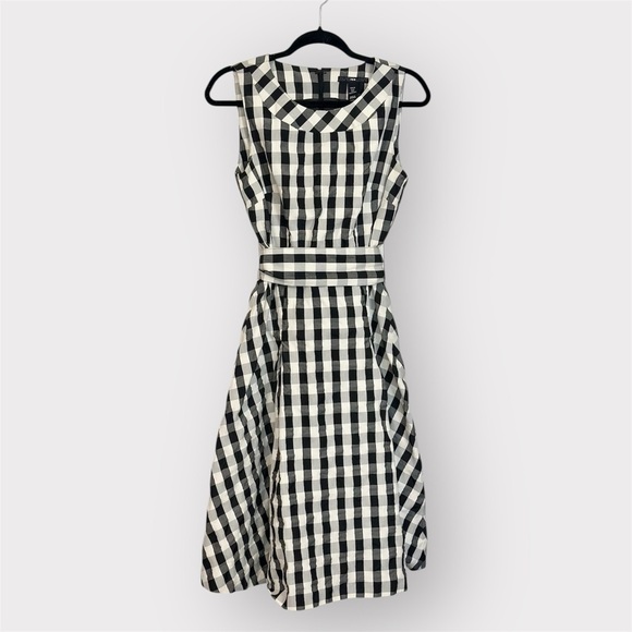 H&M Black White Gingham Checkered Flared Panel Retro Tie Belt Dress- Size 8 - Picture 1 of 5